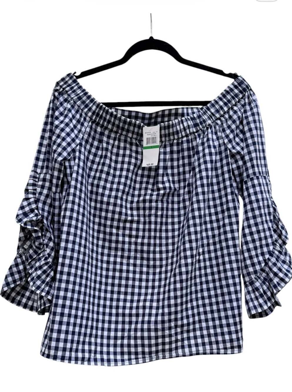 Cupio Navy and White Gingham Off-Shoulder Top with Ruffled Sleeves